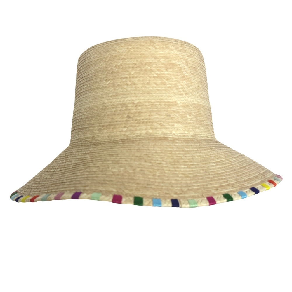 Sunshine Tienda Roselia Woven Straw Bucket Sun Hat Tan Multi Color Trim M/L